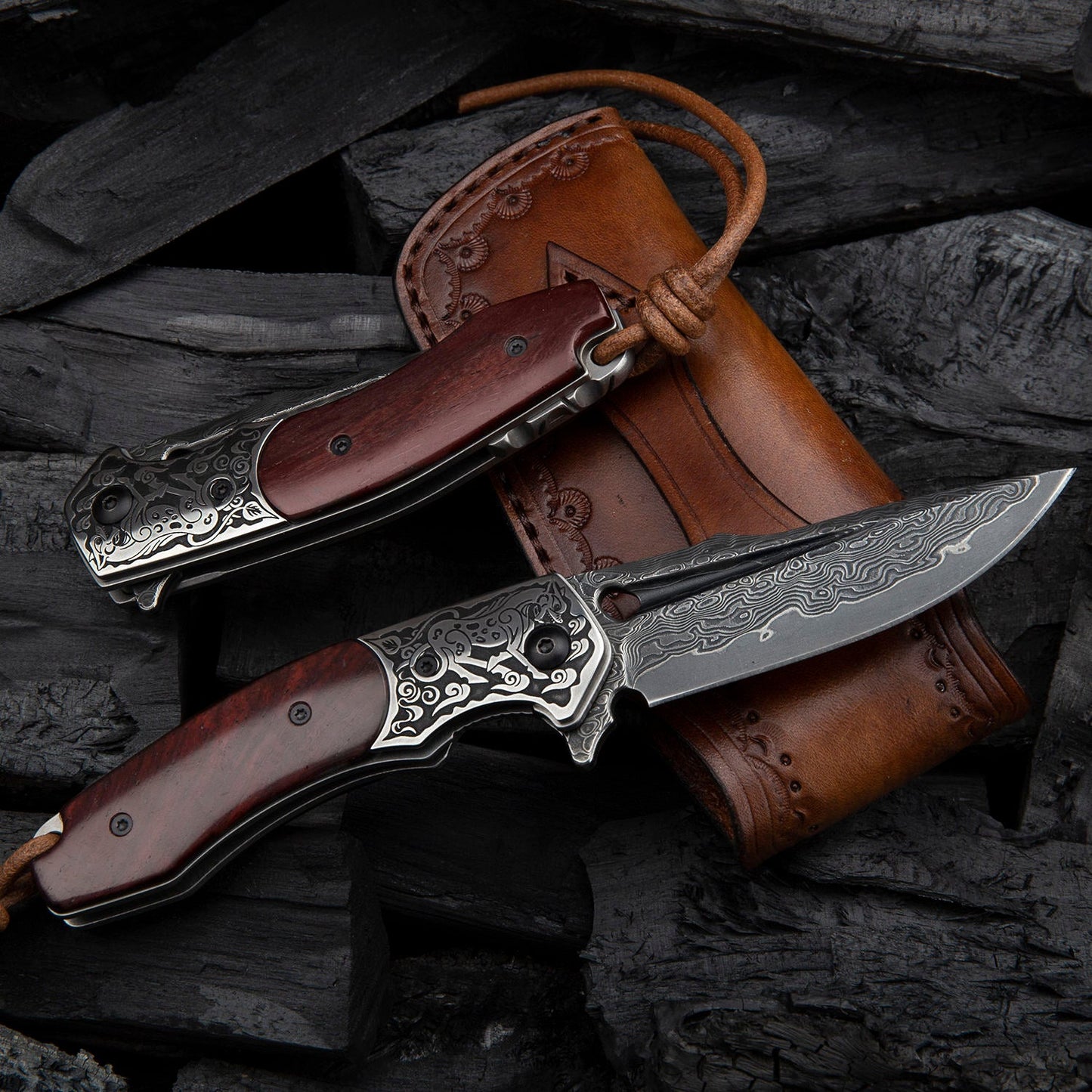 Handmade Japanese Vg10 Damascus Steel Pocket Knife,Rosewood Handle,Sheath,Liner Lock,