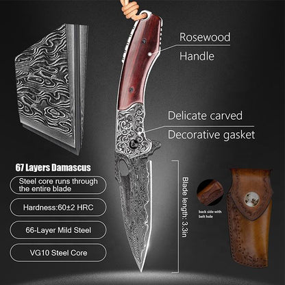 3.7 Inch Forging Handmade Edc Pocket Knives, Vg10 Damascus Steel,Rosewood Handle,Leather Sheath