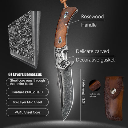 SPIRIT DEED 2.7 Inch Handmade Japanese VG10 Damascus Steel Folding Knife,Rosewood Liner Lock