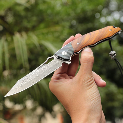 4in Handmade Folding Pocket Knife,Damascus Steel Blade,Titanium and Rosewood Handle,Liner Lock
