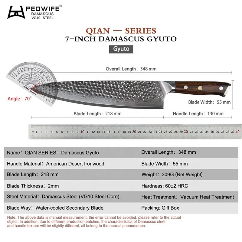 8.5 Inch Full Tang Kitchen  Gyuto Knife, 73 Layers Damascus Steel, VG10 Steel Core, Iron Wood