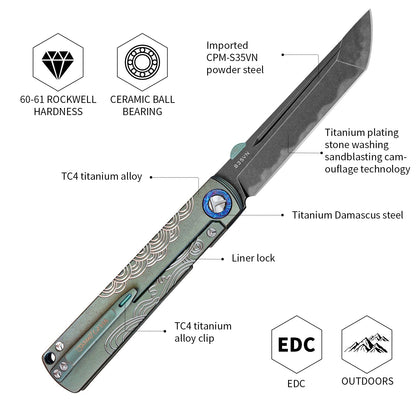 High Hardness Pocket Knife Camouflage，CPM-S35VN Powder Steel，Tc4 Titanium Alloy Handle