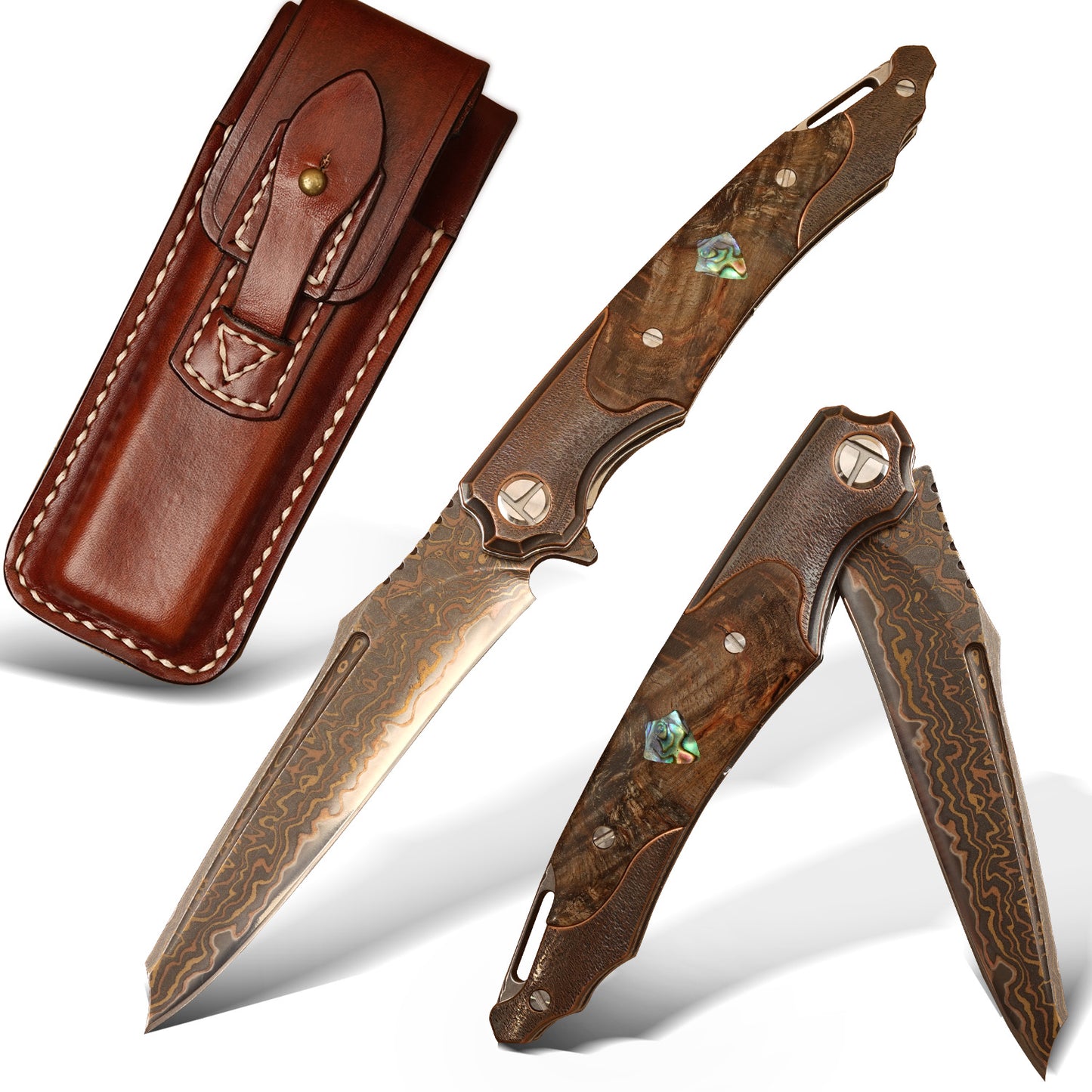 Spirit deed copper Damascus steel antique craft stable wooden belt leather cover can be used for outdoor camping, wild folding knife