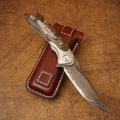 Spirit deed VG10 copper Damascus steel folding knife auspicious cloud pattern, mirror polished, TC4 titanium alloy and stable wooden handle, handmade leather sheath