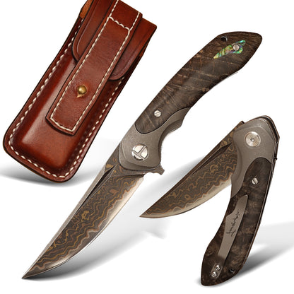 Spirit deed Damascus Steel Folding Knife with Leather Sheath Golden Lizard Series  VG10 Core TC4 Titanium, Wood & Shell Handle – EDC Gift for Men